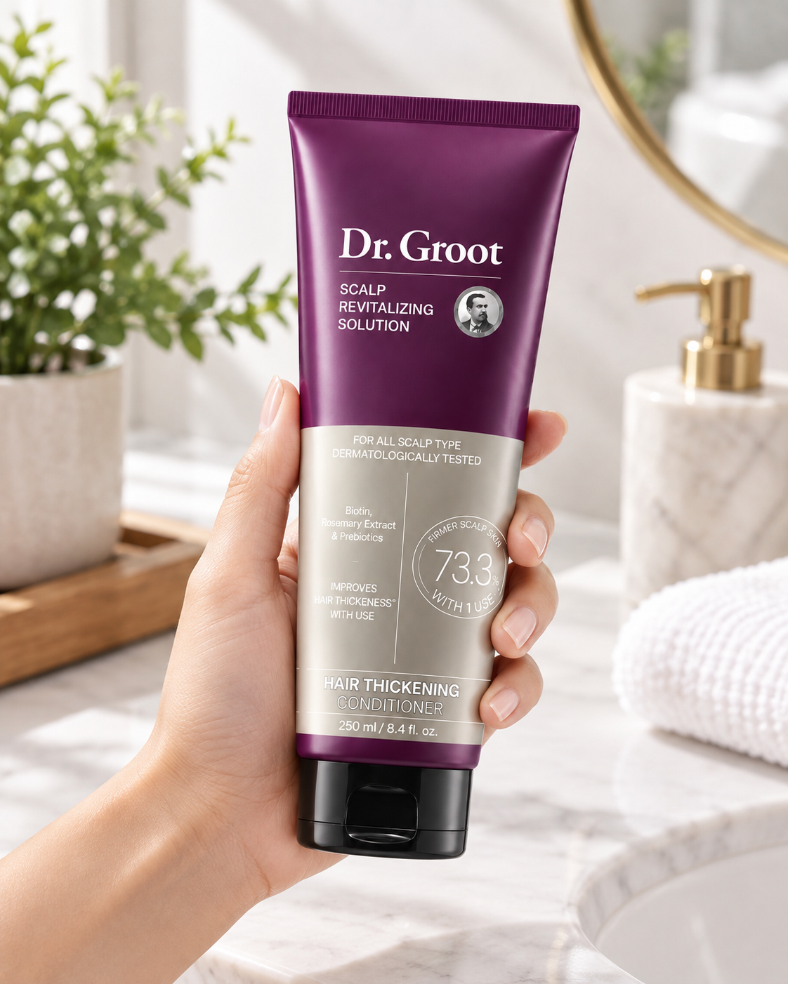 Dr. Groot Hair Thickening Conditioner held in hand