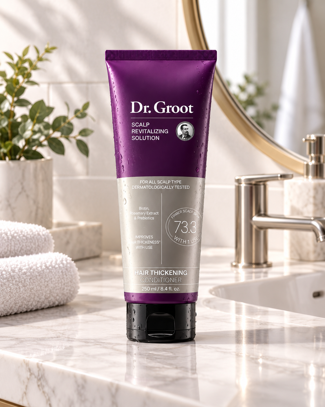 Dr. Groot Hair Thickening Conditioner on bathroom vanity