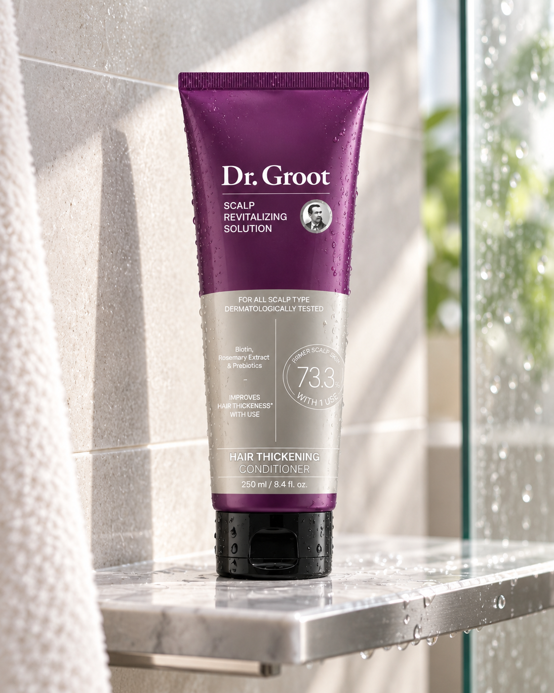 Dr. Groot Hair Thickening Conditioner in modern shower