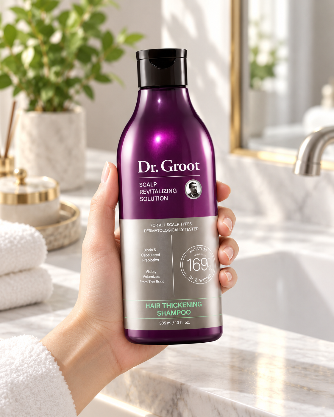 Dr. Groot Hair Thickening Shampoo held in hand