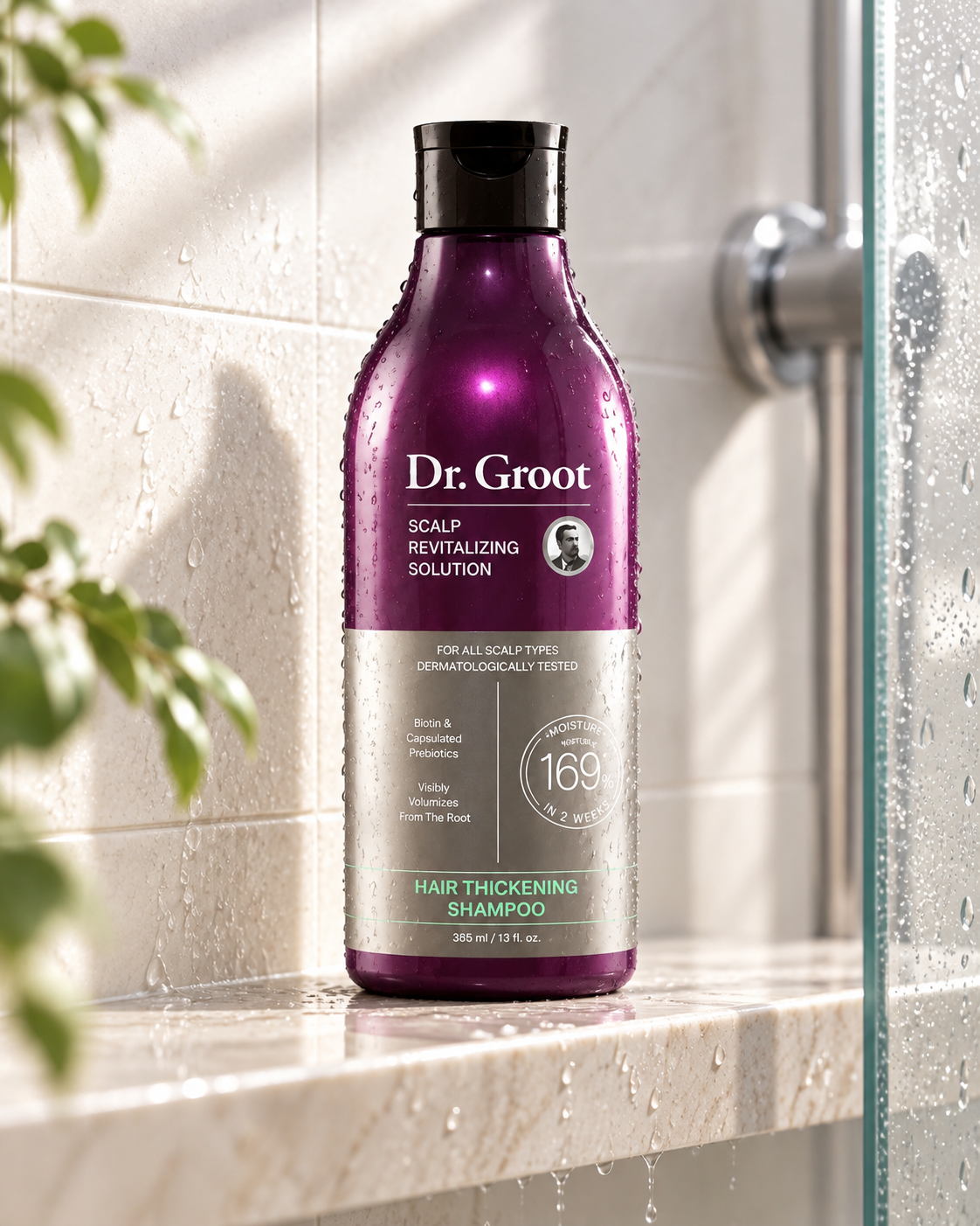 Dr. Groot Hair Thickening Shampoo in modern shower