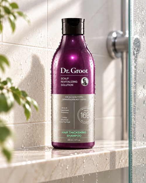 Dr. Groot Hair Thickening Shampoo in modern shower