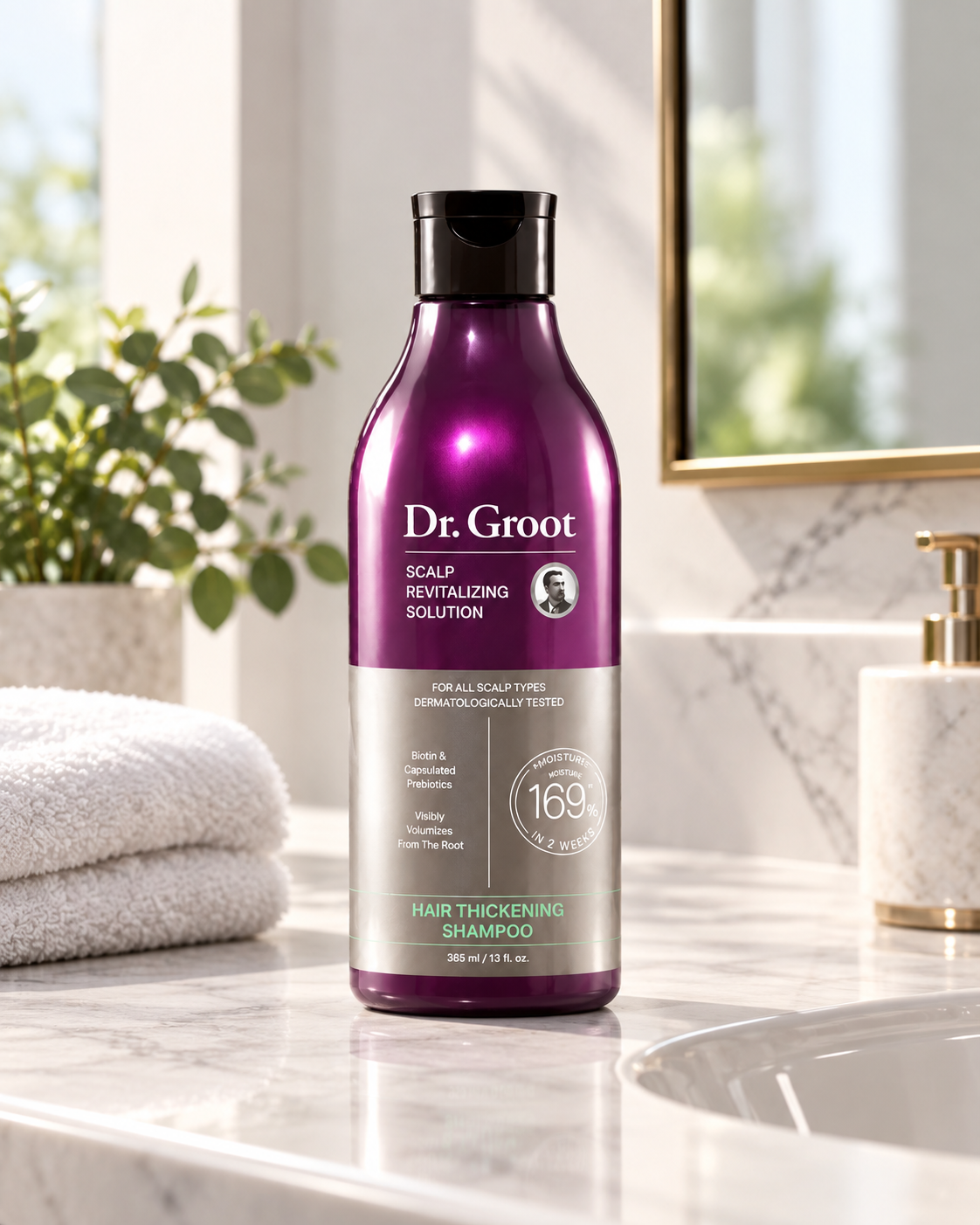 Dr. Groot Hair Thickening Shampoo on bathroom vanity